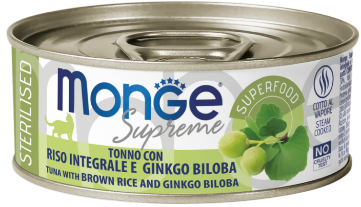 Влажный корм Monge Supreme sterilized для стерилизованных кошек из тунца с бурым рисом и гинкго билоба, консервы 80 г