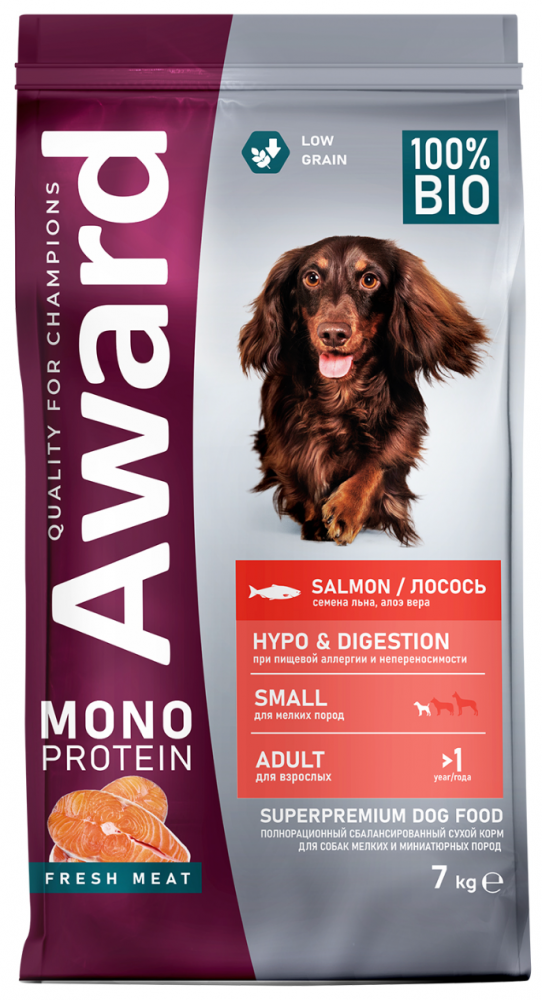 Корм Award Monoprotein МИНИ из лосося с добавлением семян льна и алоэ вера для собак мелких и миниатюрных пород