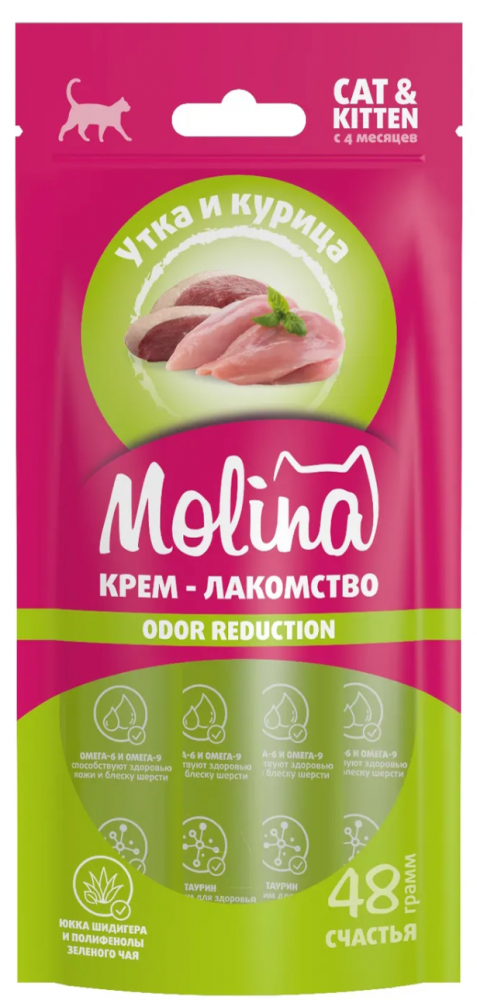 Крем-лакомство Molina с уткой и курицей снижение запаха стула для кошек 48 г