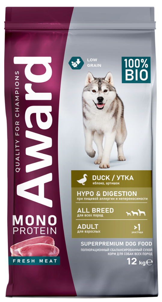 Корм Award Monoprotein Медиум/Макси из утки с добавлением яблок и артишока для собак всех пород