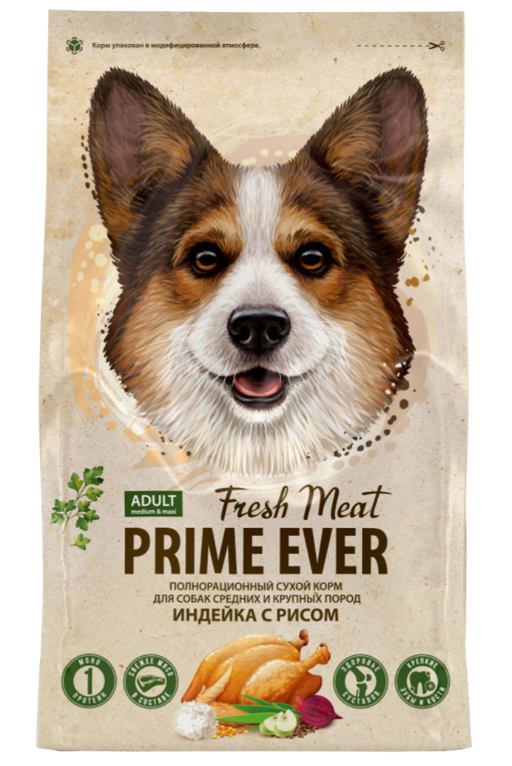 Корм Prime Ever Fresh Meat Medium &amp; Maxi для собак средних и крупных пород, индейка с рисом 2,8 кг
