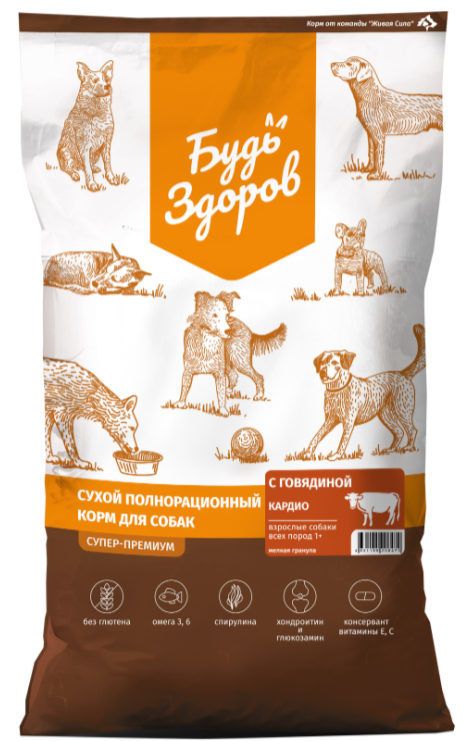 Корм Будь Здоров (Живая сила) Superpremium Кардио (мелкая гранула) для собак, для поддержания сердечно-сосудистой системы, с говядиной, 10 кг