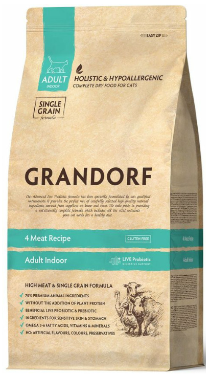 Корм Grandorf 4 Meat Recipe Indoor Holistic Probiotic для домашних кошек, с ПРОБИОТИКАМИ, 4 вида мяса