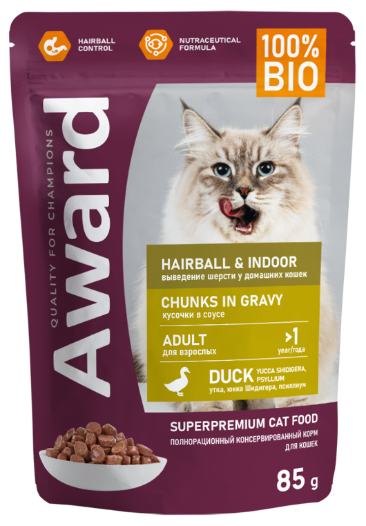 Влажный корм AWARD Hairball &amp; Indoor для выведения шерсти у взрослых домашних кошек кусочки в соусе с уткой 85 г