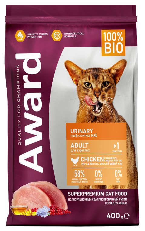 Сухой корм AWARD Urinary для взрослых кошек для профилактики мочекаменной болезни с курицей с добавлением клюквы, цикория и рыбьего жира