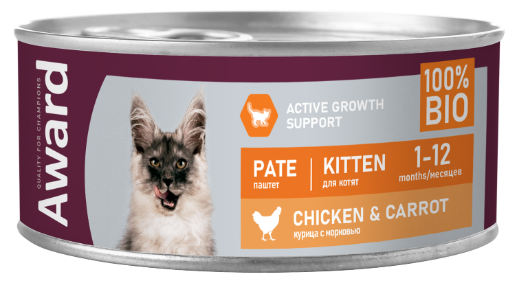 Влажный корм AWARD для котят, паштет из курицы с морковью 100г