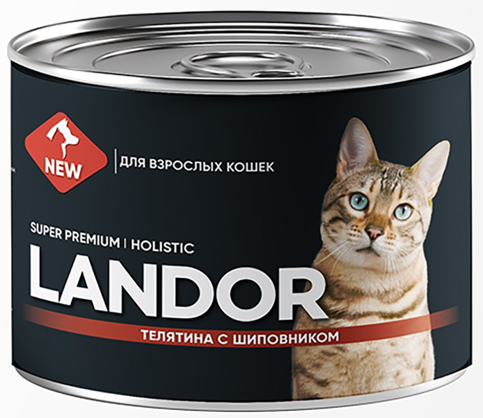 Консервы для кошек LANDOR полноценный влажный корм, телятина с шиповником 200 гр