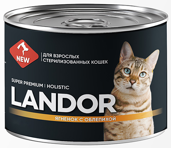 Консервы для кошек LANDOR полноценный влажный корм для стерилизованных взрослых кошек ягненок с облепихой 200 гр