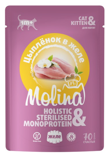 Консерва Molina Цыпленок для кошек и котят: ЖЕЛЕ 70 г паучn