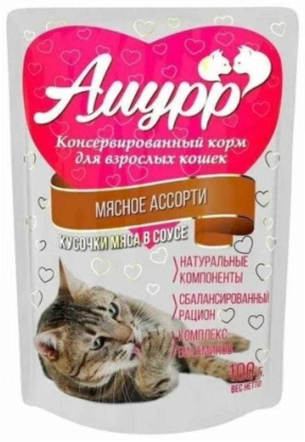Консервы Амур Мясное ассорти: СОУС пауч для кошек 100 г