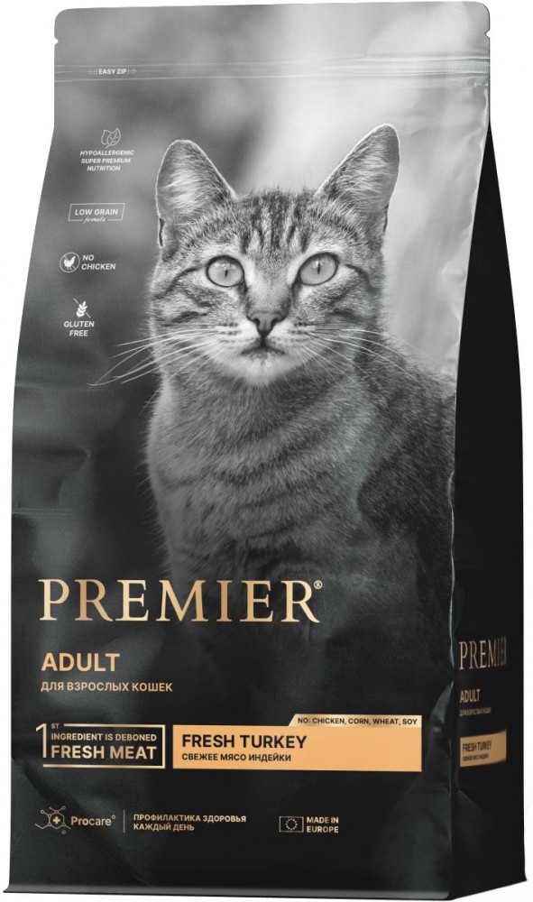 Низкозерновой сухой корм PREMIER Turkey Adult Cat для кошек с индейкой