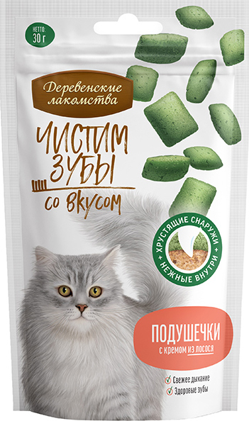 Лакомство для кошек Деревенские лакомства Чистим зубы подушечки с кремом из лосося 30 г
