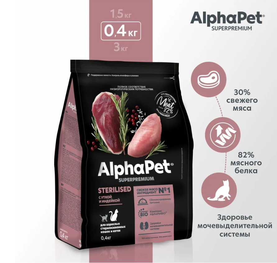 Сухой корм Alphapet Superpremium Sterilised с уткой и индейкой для стерилизованных кошек