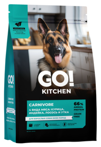 Корм GO KITCHEN GO! Solutions 4 вида мяса: курица, индейка, лосось и утка, полнорационный беззерновой сухой корм для взрослых собак всех пород