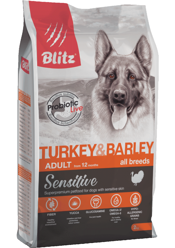 Корм Blitz Sensitive Turkey &amp; Barley для собак, с индейкой и ячменем 15 кг