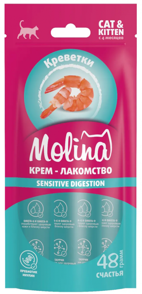 Крем-лакомство Molina с креветкой поддержка здорового метаболизма для кошек 48 г