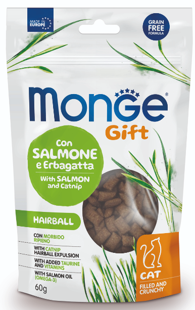 Лакомство Monge Gift Hairball для кошек &quot;Хрустящие подушечки с начинкой&quot; с лососем и кошачьей мятой для вывода шерсти 60 гn
