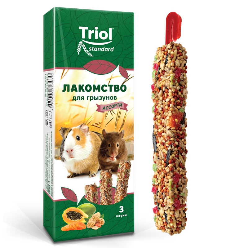 Triol лакомство для грызунов Standard Ассорти (с фруктами, овощами и орехами), упаковка 3 шт, 75 г