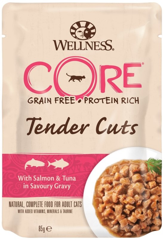 Wellness Core Tender Cuts для кошек с лососем и тунцом в виде нарезки в соусе, пауч 85 гр