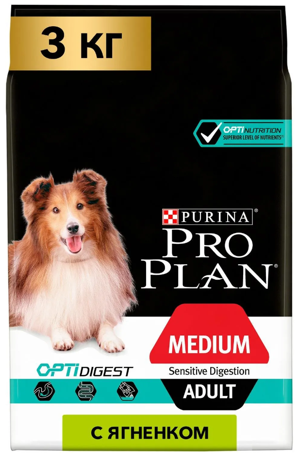 Корм Purina Pro Plan для взрослых собак средних пород с чувствительным пищеварением с ягненком и рисом